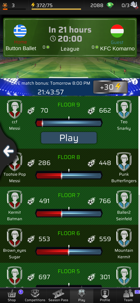 Gameplay screen of Goal Football PVP showing player vs player matchups and floor rankings