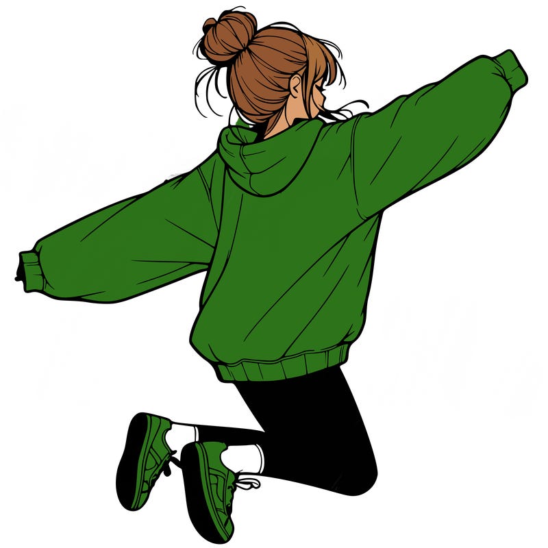 realistic girl jumping with a bun and oversized sweatshirt