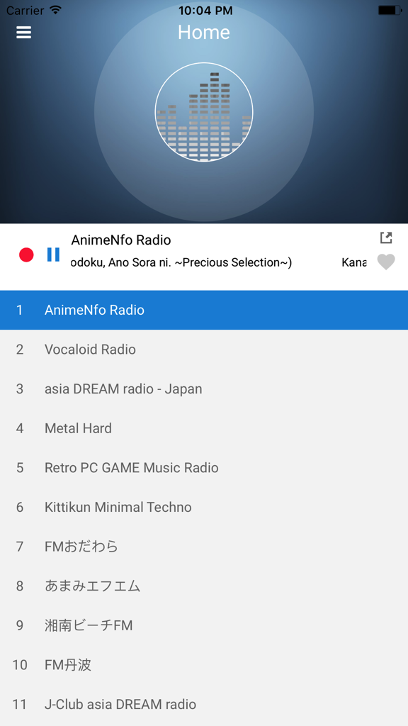 Japan Radio Station - JP FM - Interface of the Japan Radio Station app showing a list of radio stations and the playback screen for AnimeNfo Radio