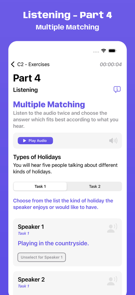 Interfaccia dell'app Simulatore d'Esame Cambridge C2 che mostra un esercizio di Listening Part 4 Multiple Matching con lettore audio e compiti di conversazione