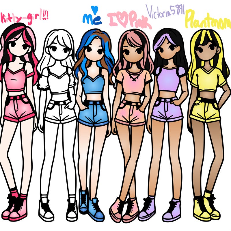 a group of girls wearing crop tops and shorts