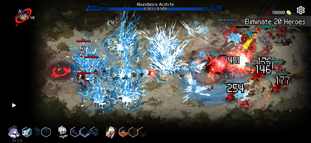 DungeonSquad - Pixel art combat scene in DungeonSquad showing monsters using powerful spells against heroes with damage numbers and health bars