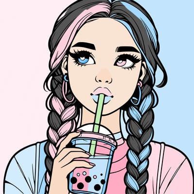 realistic girl with braided hair drinking boba
