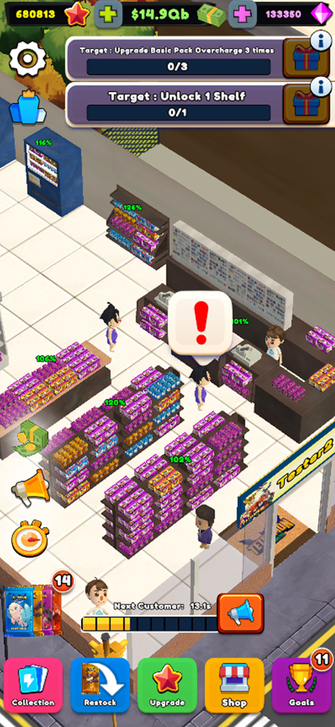 TCG Card Shop Tycoon Simulator - Isometric view of a trading card shop with shelves and customers in TCG Card Shop Tycoon Simulator