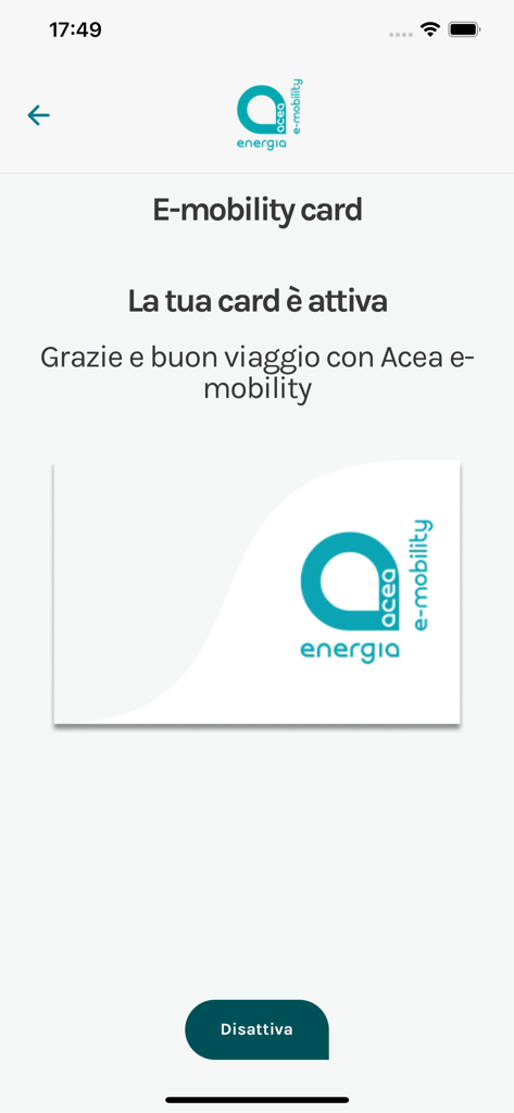 Acea e-mobility - Schermata dell'app Acea e-mobility che visualizza una carta di ricarica digitale attiva e un pulsante di disattivazione