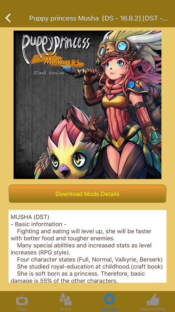 Mods for Don't Starve and Don't Starve Together - App screenshot showing details and artwork for the Puppy Princess Musha character mod for Don't Starve Together.