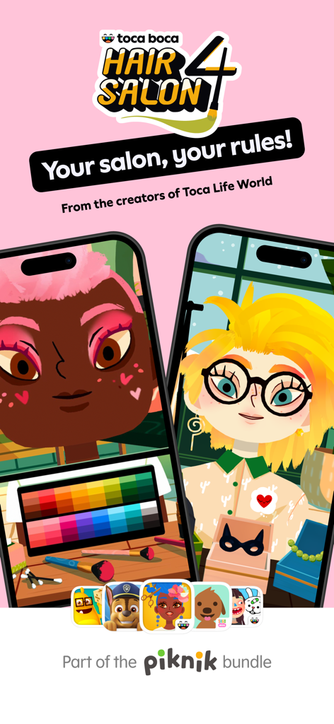 Gameplay di Toca Boca Hair Salon 4 che mostra opzioni di trucco e acconciatura per personaggi su schermi di cellulari.