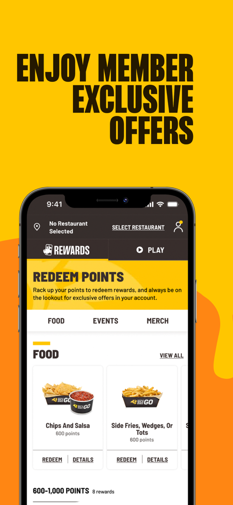 Buffalo Wild Wings - 会員限定特典と料理へのポイント交換を表示するバッファロー・ワイルド・ウィングス・アプリのインターフェース