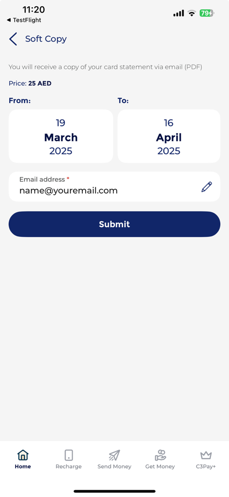 C3Pay App-Bildschirm zur Anforderung eines PDF-Karten-Statements per E-Mail für einen bestimmten Zeitraum
