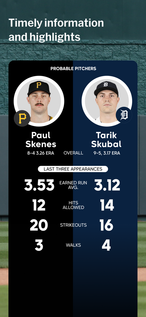 A comparison of baseball pitcher statistics for Paul Skenes and Tarik Skubal in the MLB app