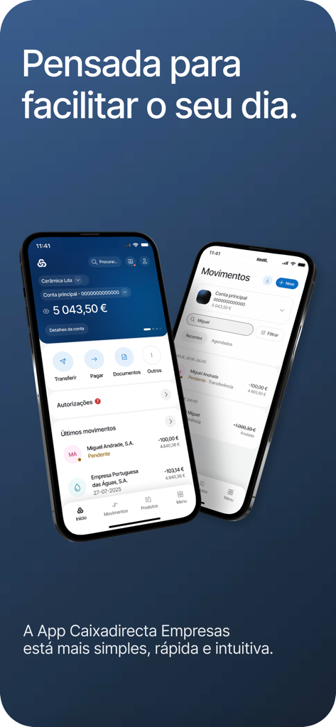 Screenshots of the Caixadirecta Empresas business banking app on two mobile phones showing financial management features.