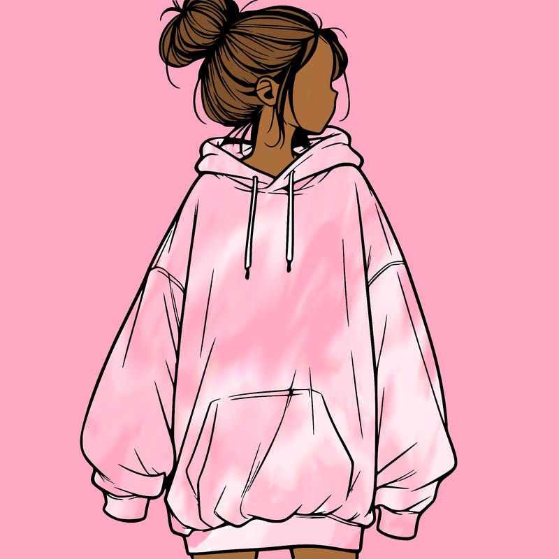 realistic girl with a oversized sweatshirt on and a bun