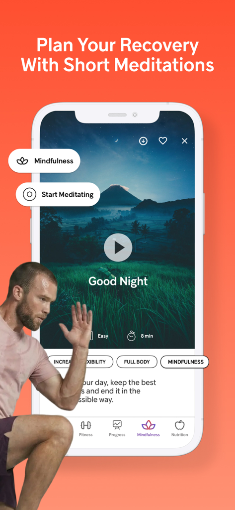 Gymondo app screen for planning recovery with short mindfulness meditations