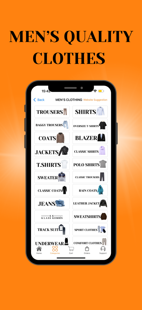 1 Click - To Shop - A mobile app screen displaying various mens clothing categories like shirts trousers and jackets
