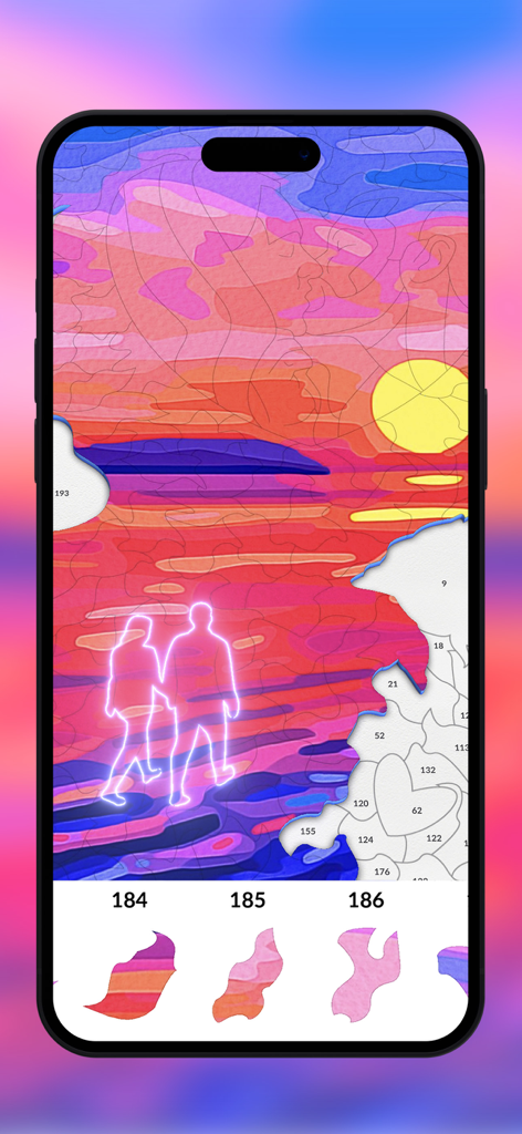 Jigsaw Puzzle by numbers - A mobile jigsaw puzzle game showing a sunset landscape and numbered pieces to place