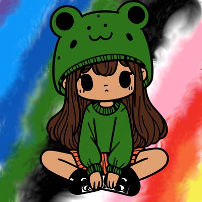 a girl wearing a frog hat and some frog socks