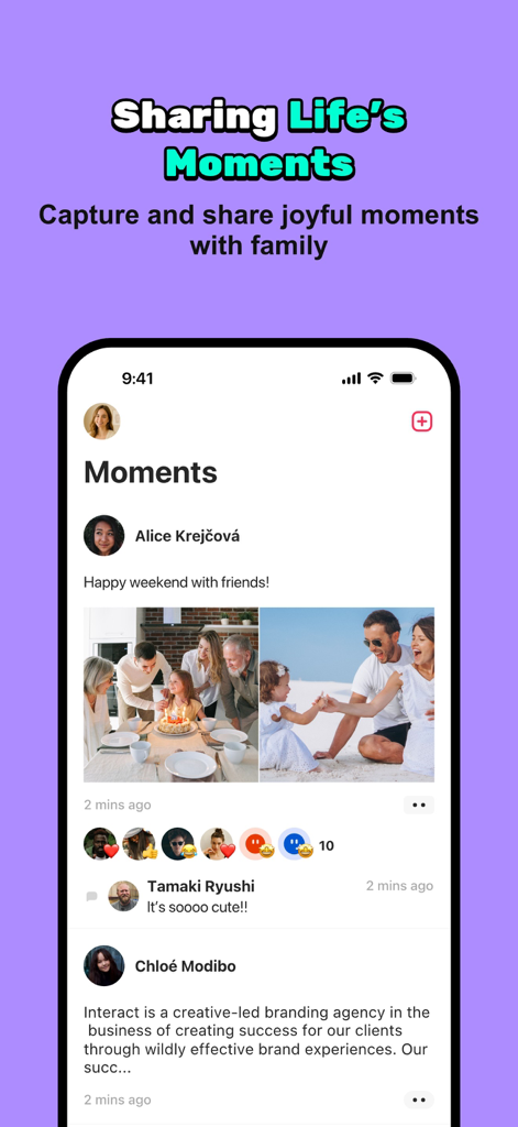 A mobile app screen showing the Moments feature in JusTalk Family Messenger where users share private family photos and memories