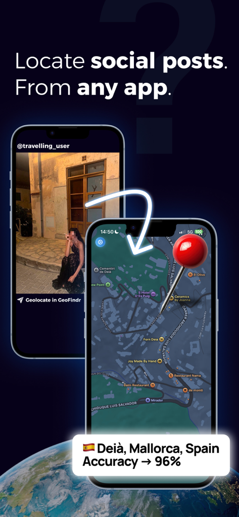 GeoFindr AI : Locate any photo - Pantallas de smartphone mostrando GeoFindr AI identificando la ubicación de una publicación en redes sociales en España