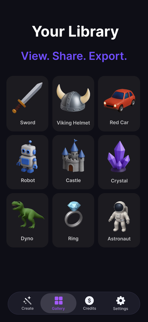 ロボット、城、宇宙飛行士などのさまざまな生成された3Dアセットを表示する3DモデリングAIアプリのライブラリ画面