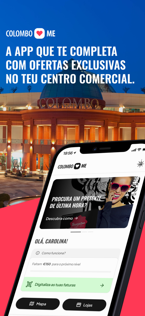 Colombo Loves Me - The Colombo Loves Me app interface displayed on a smartphone with the shopping mall exterior in the background.