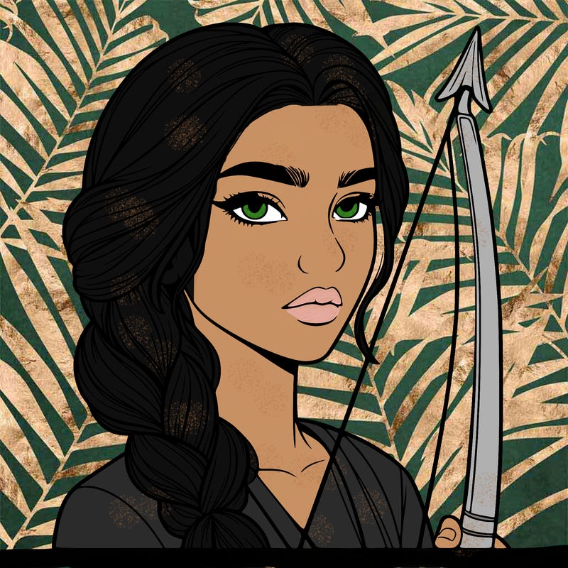 tall beautiful serious realistic girl with eyes a nose a mouth hair in braid holding a bow and arrow