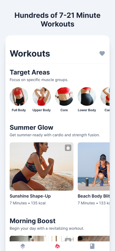 WeBurn: Home Workout for Women - Interfaz de la aplicación WeBurn que muestra varias categorías de ejercicios de 7 minutos para mujeres, como cuerpo completo y core.