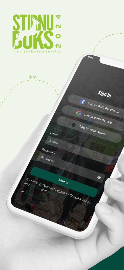 Tela de login do aplicativo Stirnubuks para trail running, mostrando opções de login social e campos de e-mail