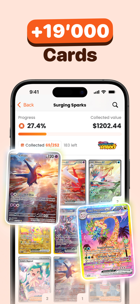Acorn TCG Card Value Scanner - Mobile app screen showing Pokemon card set completion progress and total collection market value