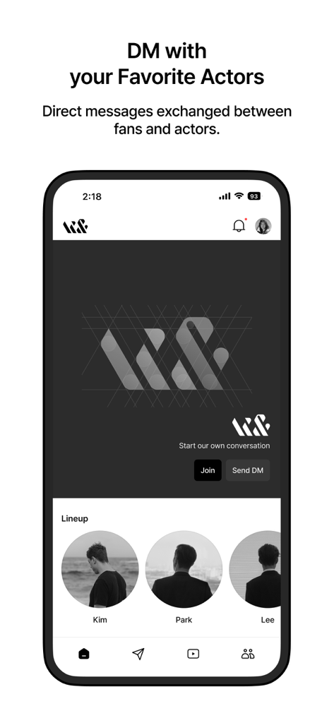 HIAND 앱 인터페이스 스크린샷. 배우 라인업과 함께 직접 메시지 기능 강조