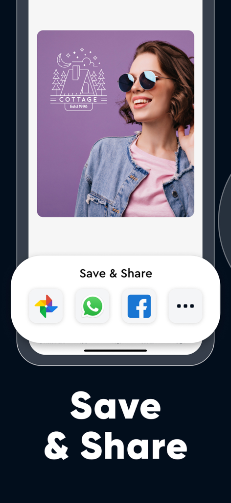 Watermark Maker & Creator Pro - A mobile app screen showing options to save and share a watermarked photo to various social media platforms