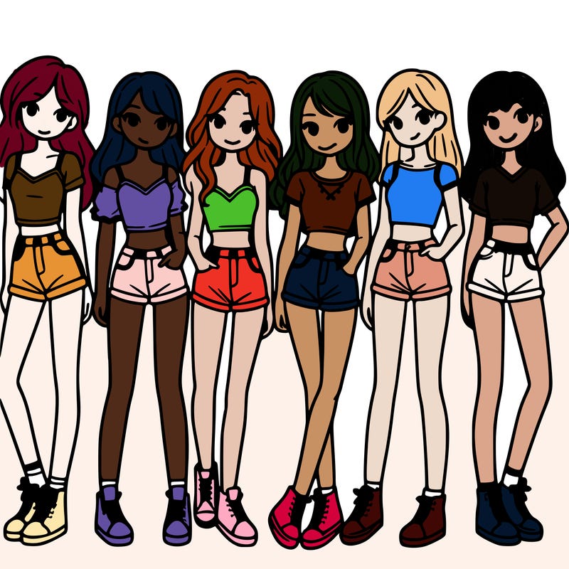 a group of girls wearing crop tops and shorts