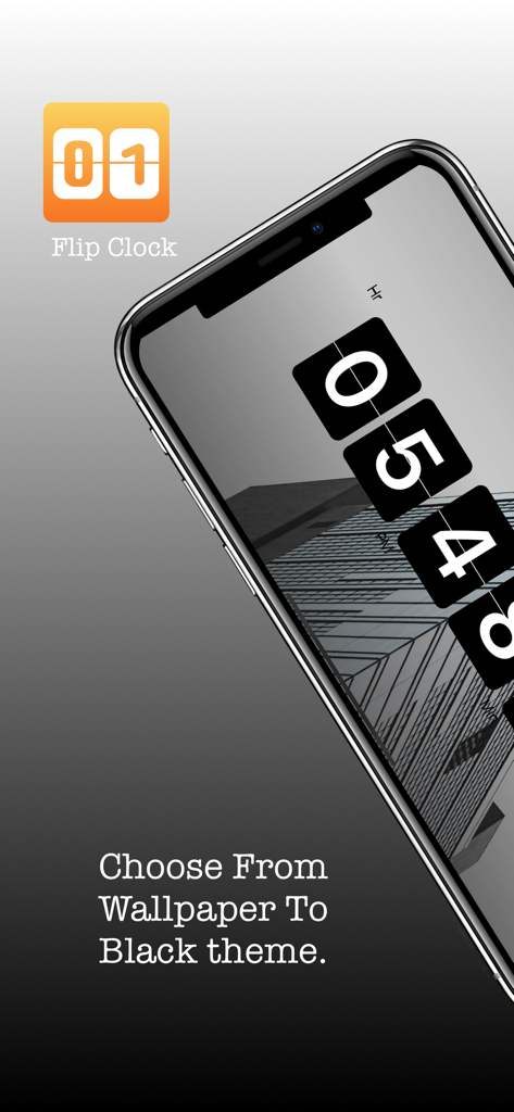 Flip Clock - Digital Clock - iPhone screen showing a minimalist flip clock with a black theme and architectural wallpaper
