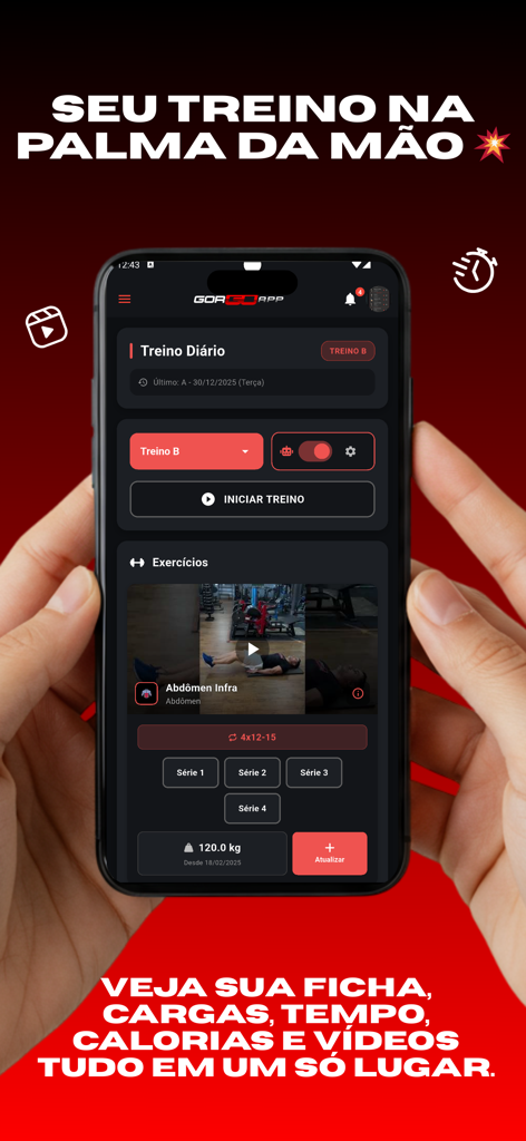 GorgoApp - Interface móvel do GorgoApp mostrando rotinas de treino diárias, vídeos de exercícios e rastreamento de peso.