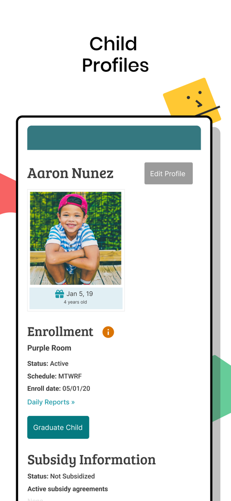 Lillio - A screenshot of the Lillio app showing a detailed child profile including enrollment and schedule