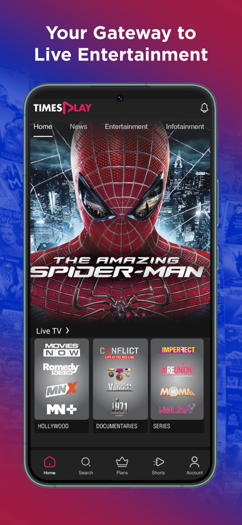 Times Play: Movies,News on OTT - Times Play App-Startbildschirm mit dem Film The Amazing Spider-Man und Kategorien für Live-Fernsehsender