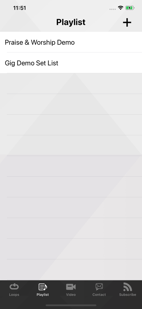 XME LOOPS - XME LOOPS app playlist screen featuring worship and gig demo set lists