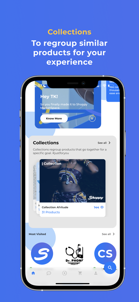 ShoppyMS: Shop Near You - Pantalla móvil de la aplicación ShoppyMS que muestra colecciones de productos seleccionados y tiendas locales destacadas