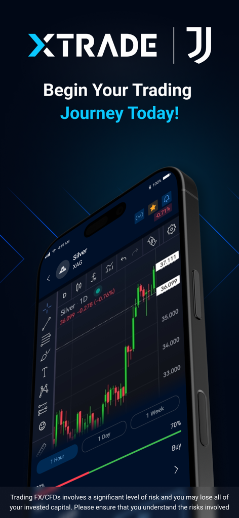 Xtrade - Online Trading - Xtrade trading app interface showing a market analysis chart on a smartphone