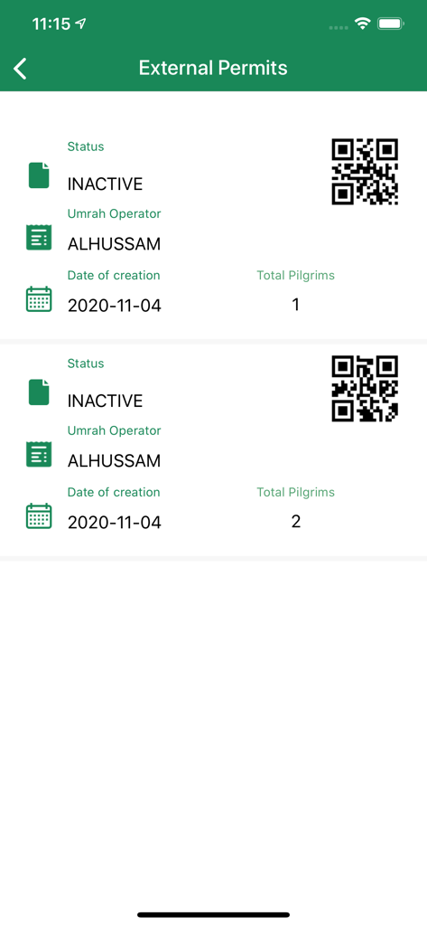 A list of inactive external Umrah permits in the Eatmarna Business app showing operator details and QR codes