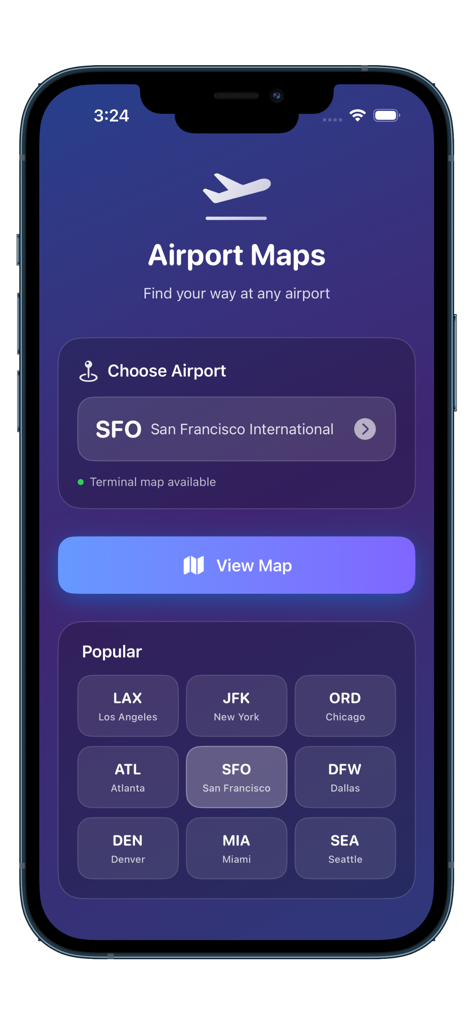 Airport Maps For Travelers - Home screen of the Airport Maps app showing airport search for SFO and buttons for popular US hubs like LAX and JFK