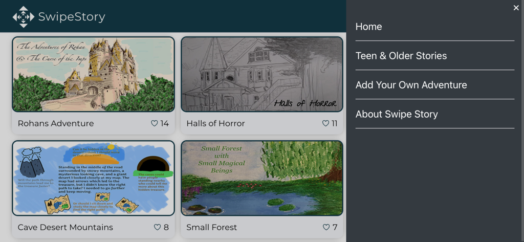 The SwipeStory app home screen displaying a gallery of interactive adventures and a side navigation menu.