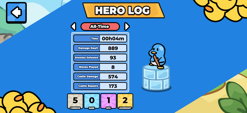 Waddle Wars: Roguelike Defense - Pantalla Hero Log en Waddle Wars mostrando estadísticas del juego y un adorable pingüino héroe de pie sobre un bloque de hielo