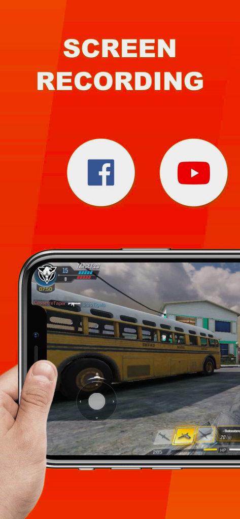 Live Recorder -Screen Recorder - Eine Hand hält ein Smartphone, das Mobile-Gameplay für Facebook und YouTube aufnimmt