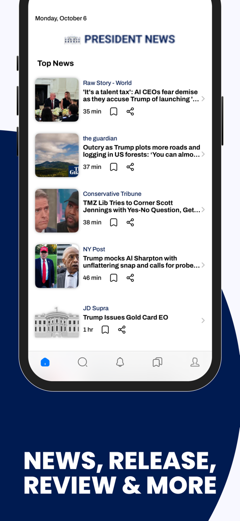 A mobile interface for the President and Oval Office News app displaying a feed of breaking political news from multiple sources.