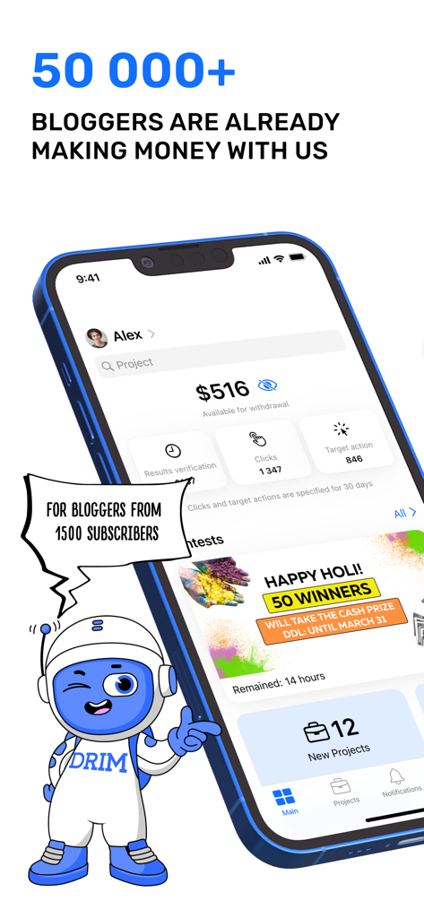 Mobile app interface of DRIM for Influencers showing an earnings dashboard with balance and campaign metrics