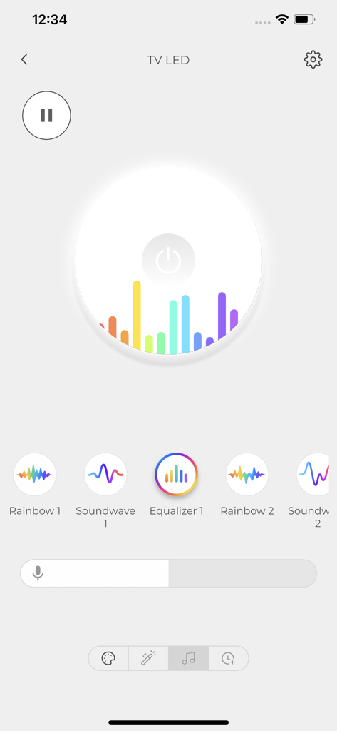 Monster Smart Lighting - Monster Smart Lighting app music sync interface showing equalizer and soundwave lighting effects for TV LED strips