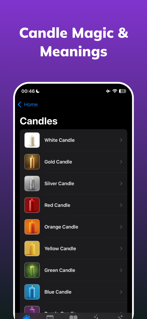 Wicca: Wiccan & Witchcraft - Wicca app screen showing a list of different candle colors and their meanings for magic rituals