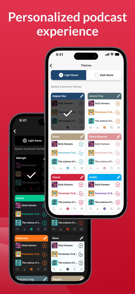 Interface of Player FM podcast app showcasing personalized color themes and dark mode options