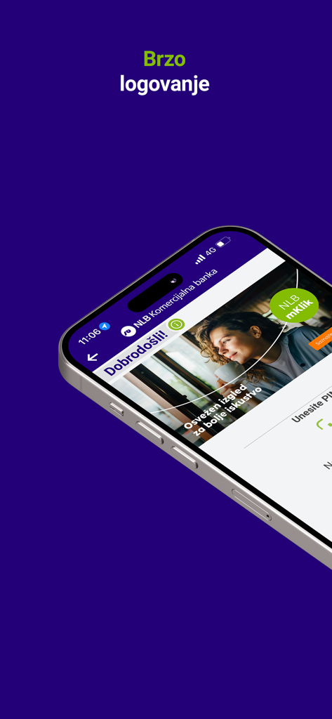 Tela de login rápido do aplicativo de mobile banking NLB mKlik Srbija em um smartphone