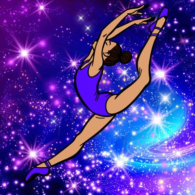 gymnast doing a leap in a leotard with a bent back leg